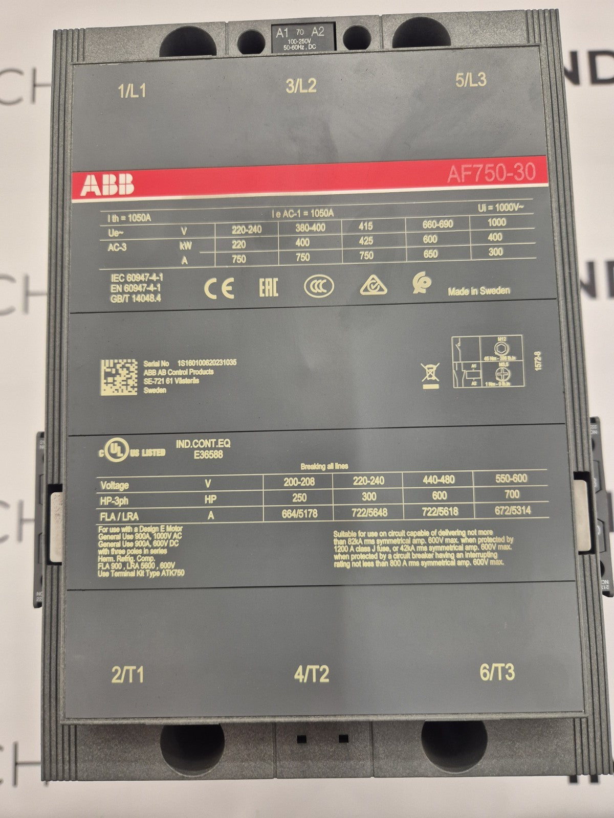 ABB AF750-30 CONTACTOR 750A