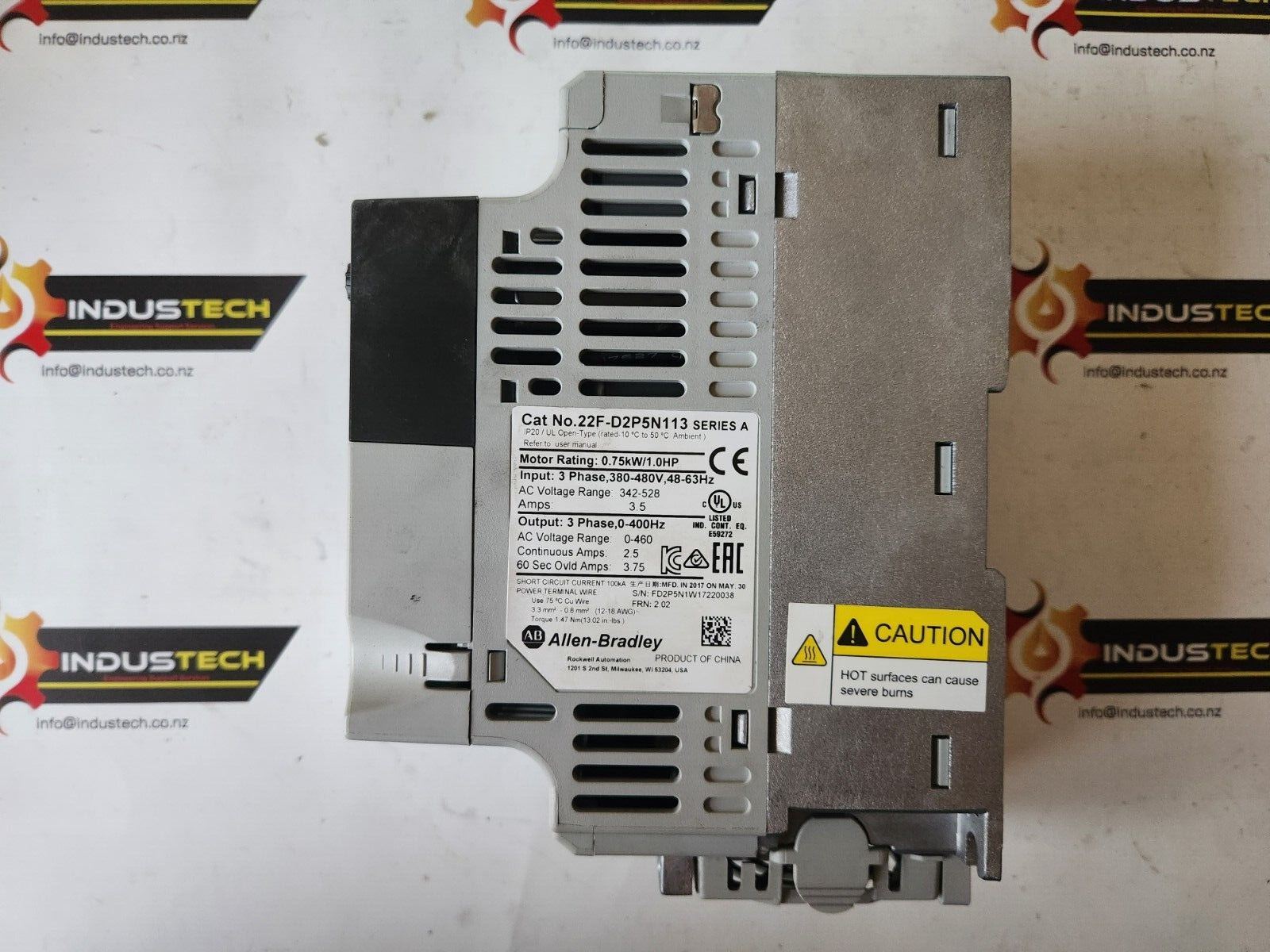 ALLEN BRADLEY 22F-D2P5N113 SERIES A AC DRIVE, 0.75 KW (1 HP), 480V AC INPUT, 3PH