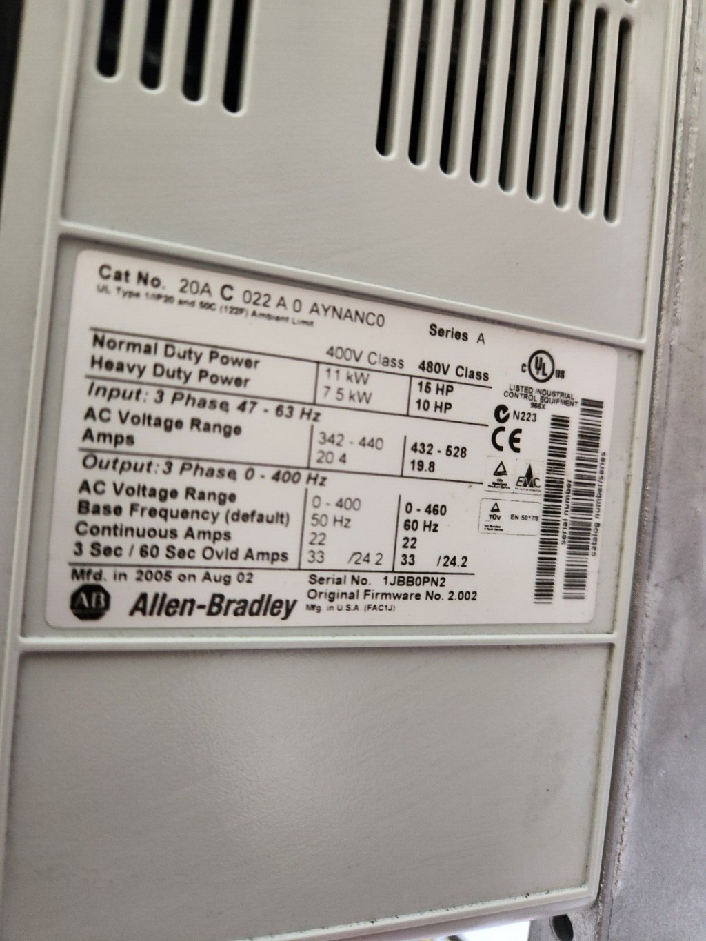 Allen Bradley 20AC022C0AYNANC0 AC Drive 22 A at 11 kW 20A C 022 A 0 AYNANC0