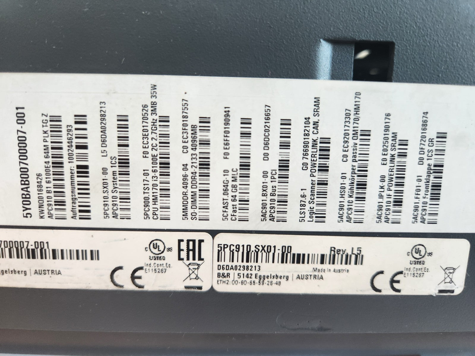 B&R 5PC910.SX01-00 Rev. L5 Automation PC