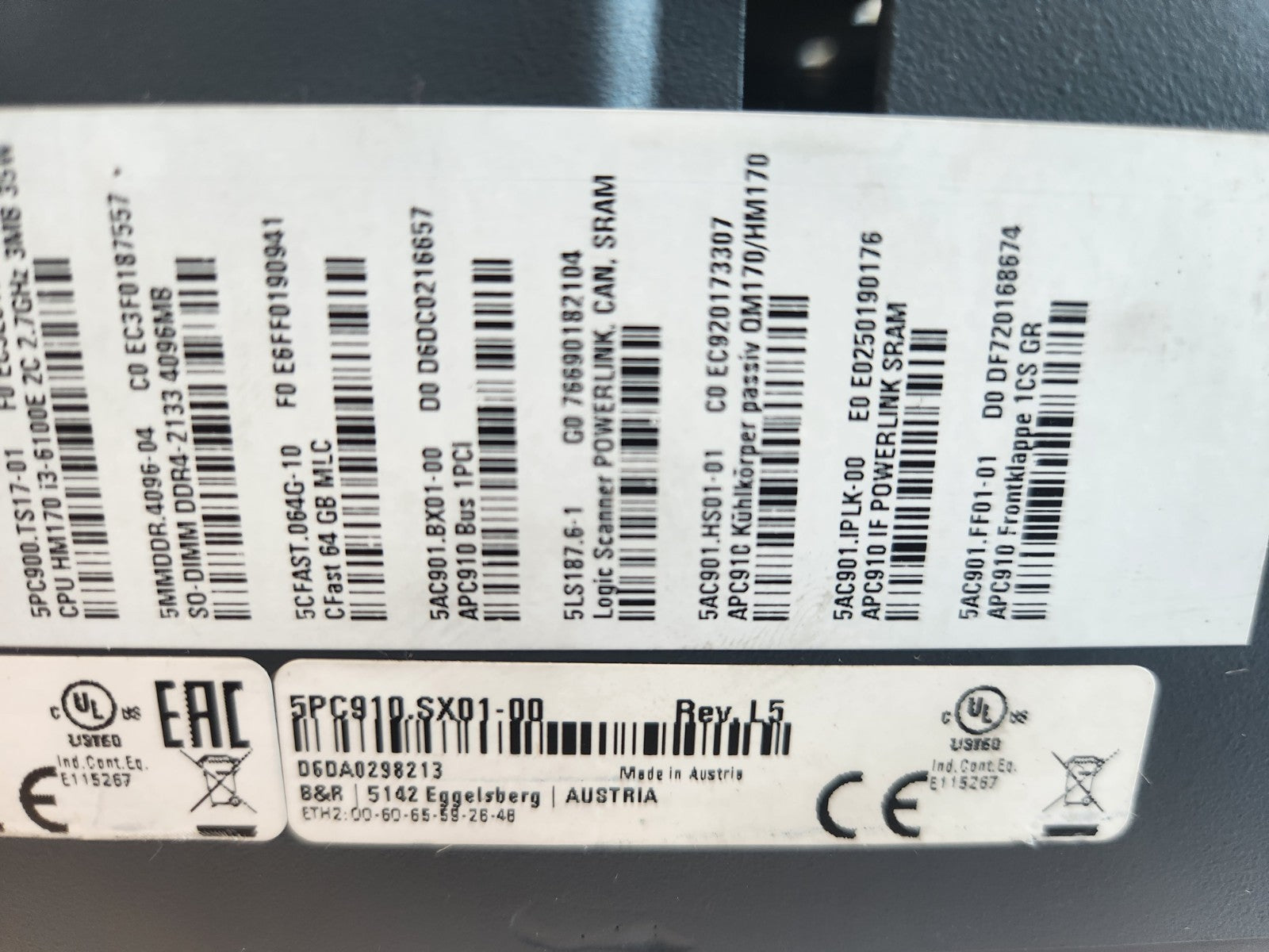 B&R 5PC910.SX01-00 Rev. L5 Automation PC