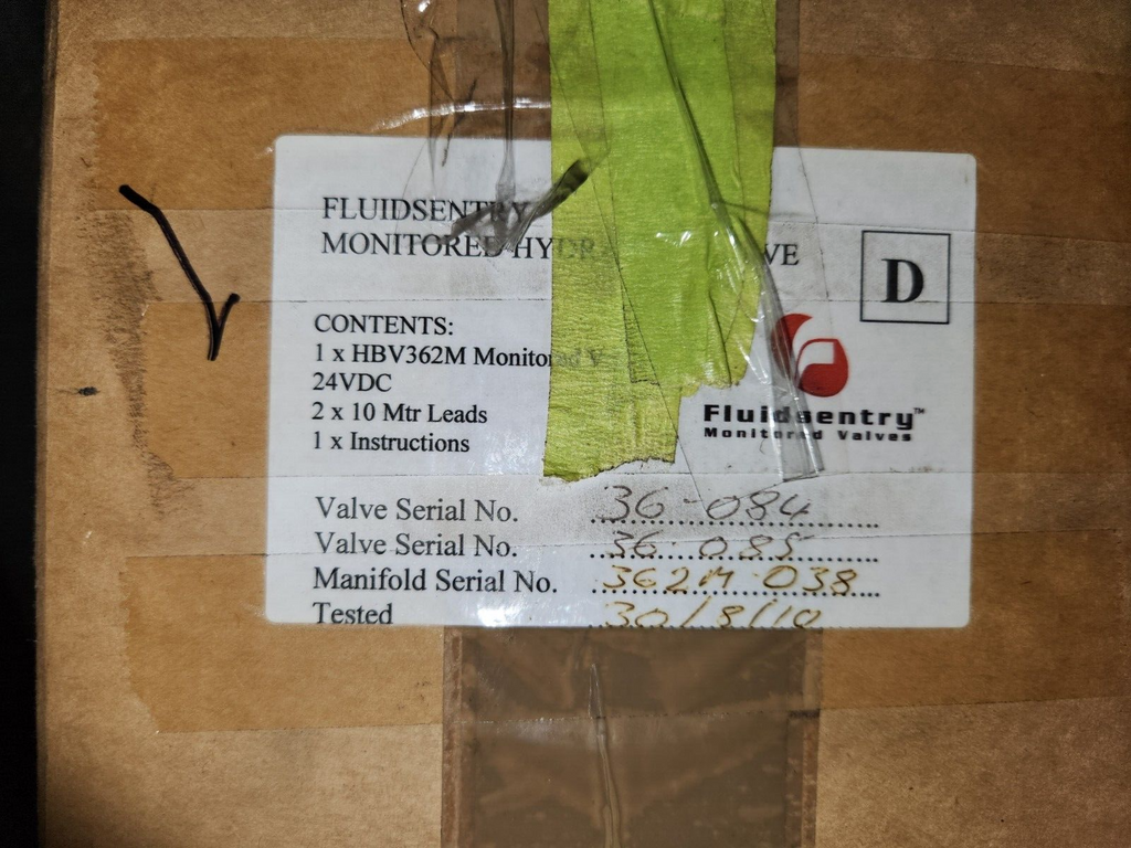 FLUIDSENTRY Monitored hydraulic valve HBV362M NSMP 362m